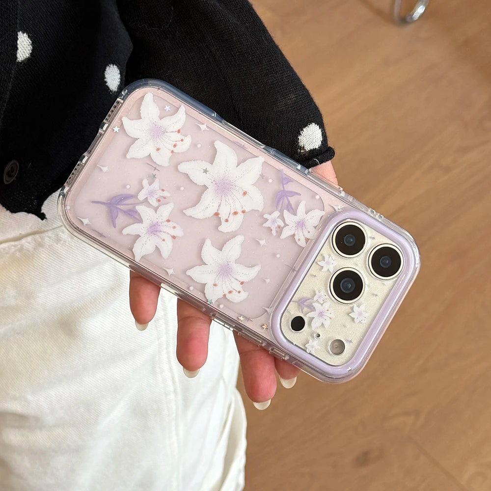 Glitter Lily Flower Shockproof Phone Case for iPhone 15-18 Models