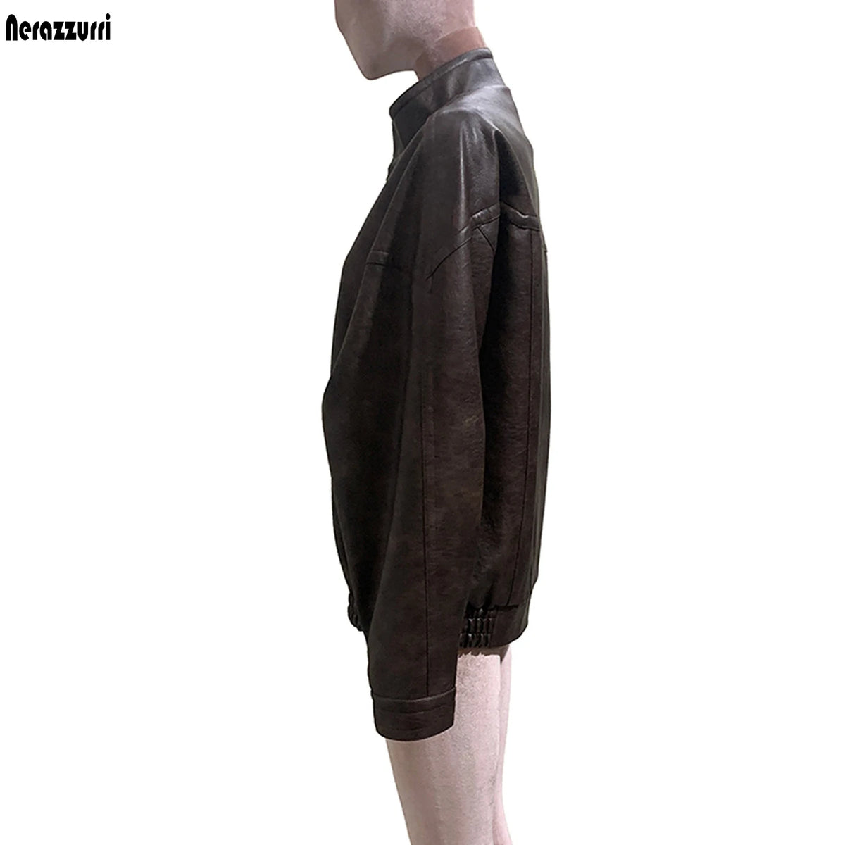 Women's distressed brown PU leather coat by HSF Marketplace, front view