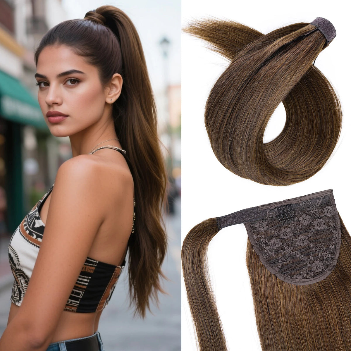 Straight human hair wrap-around ponytail extension with clip for women by HSF Marketplace