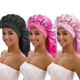 3-piece satin long bonnet set with wide brim and bow tie for everyday hair care by HSF Marketplace