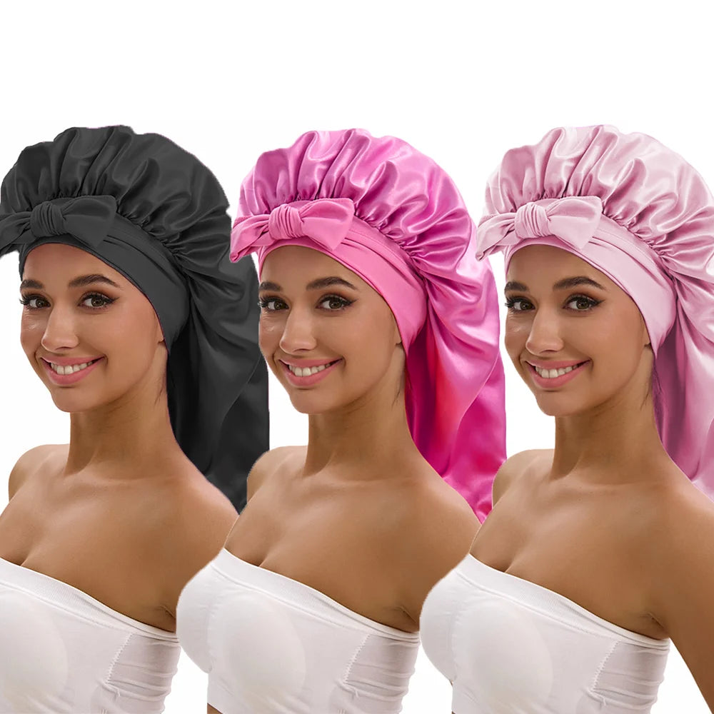 3-piece satin long bonnet set with wide brim and bow tie for everyday hair care by HSF Marketplace