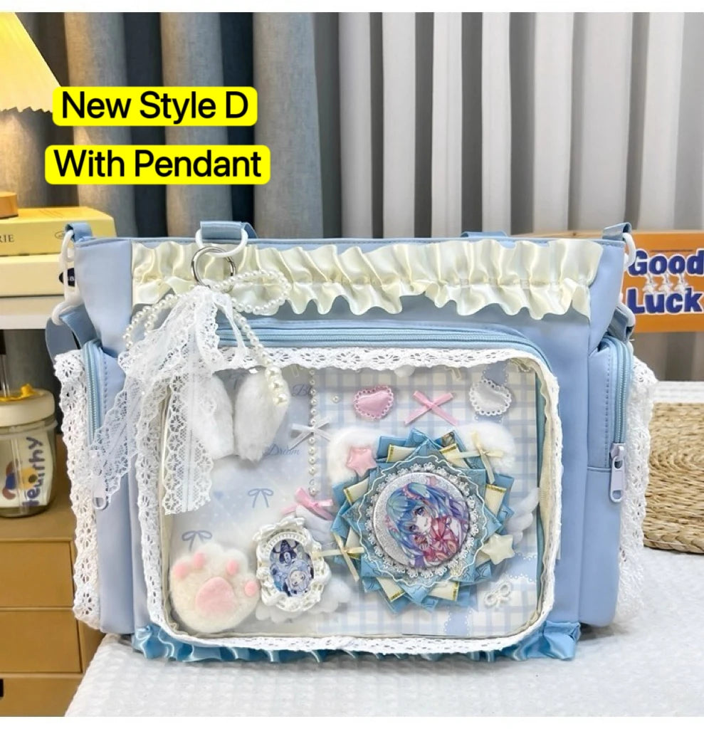 Large capacity Y2K Japanese Ita Bag by HSF Marketplace, transparent shoulder tote with lolita style, casual crossbody handbag.