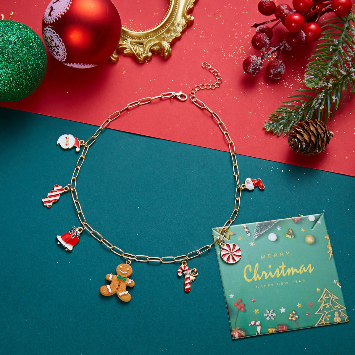 Christmas orange gingerbread man pendant necklace with multiple charms, festive jewelry for ladies, HSF Marketplace holiday accessory