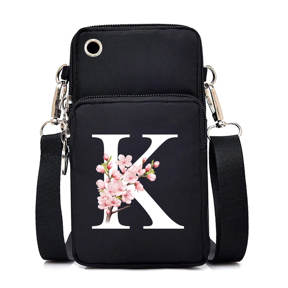 Fashion floral Sakura alphabet graphics small crossbody handbag for women, featuring letters and mobile phone compartment.