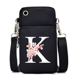 Fashion floral Sakura alphabet graphics small crossbody handbag for women, featuring letters and mobile phone compartment.