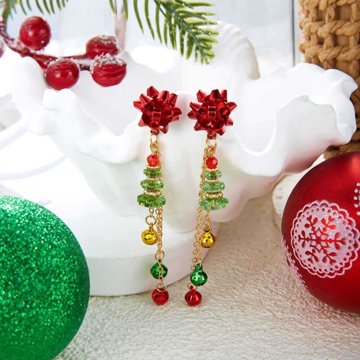 Festive snowflake tassel dangle earrings with bells for women, HSF Marketplace jewelry