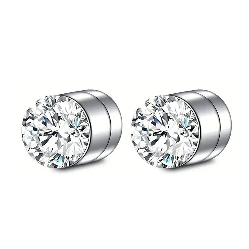 Crystal strong magnetic ear stud clip earrings, round zircon punk non-piercing jewelry for men and women
