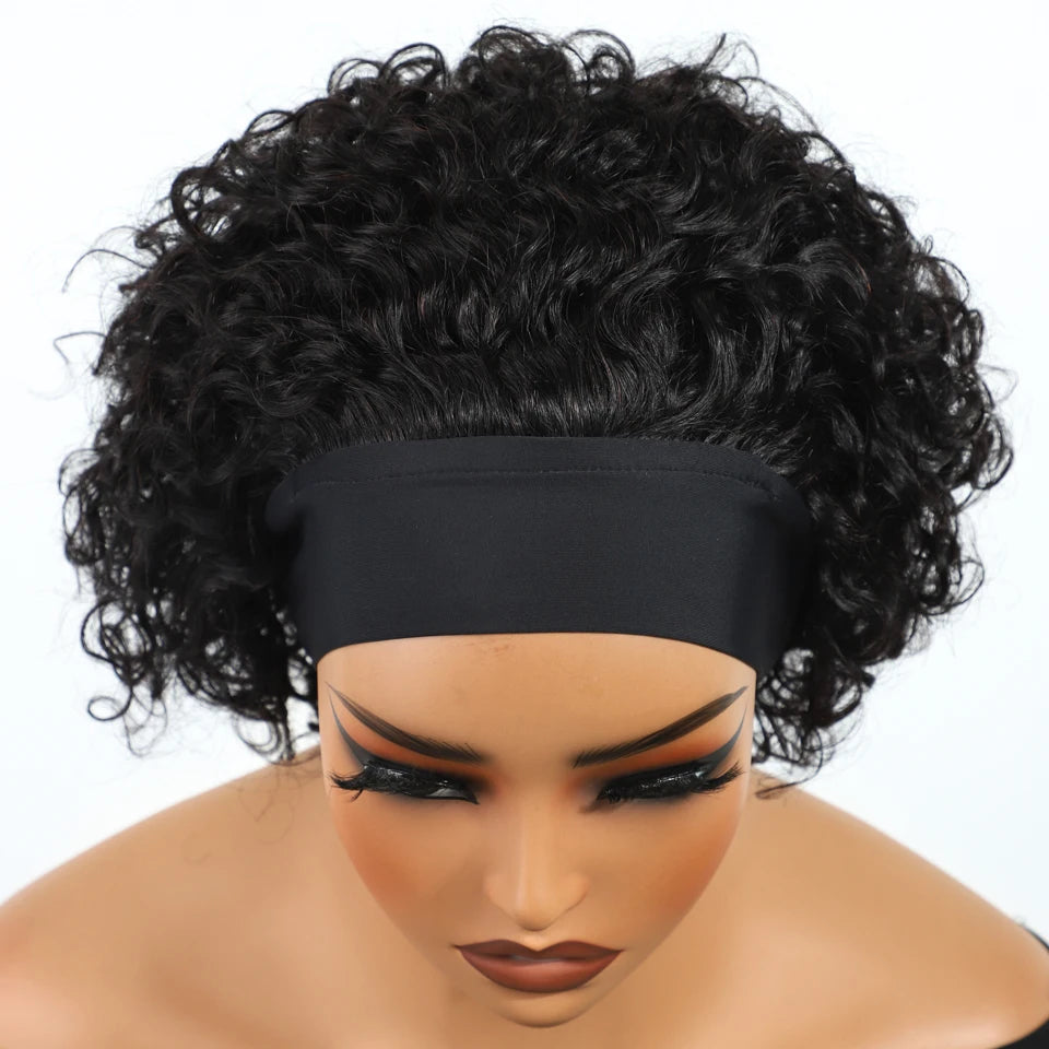 Short curly pixie bob human hair wig, half headband style, Brazilian Remy hair, glueless full machine-made design