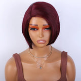 Straight burgundy human hair bob wig with side part, short length, glueless design, ideal for easy wear and natural look.