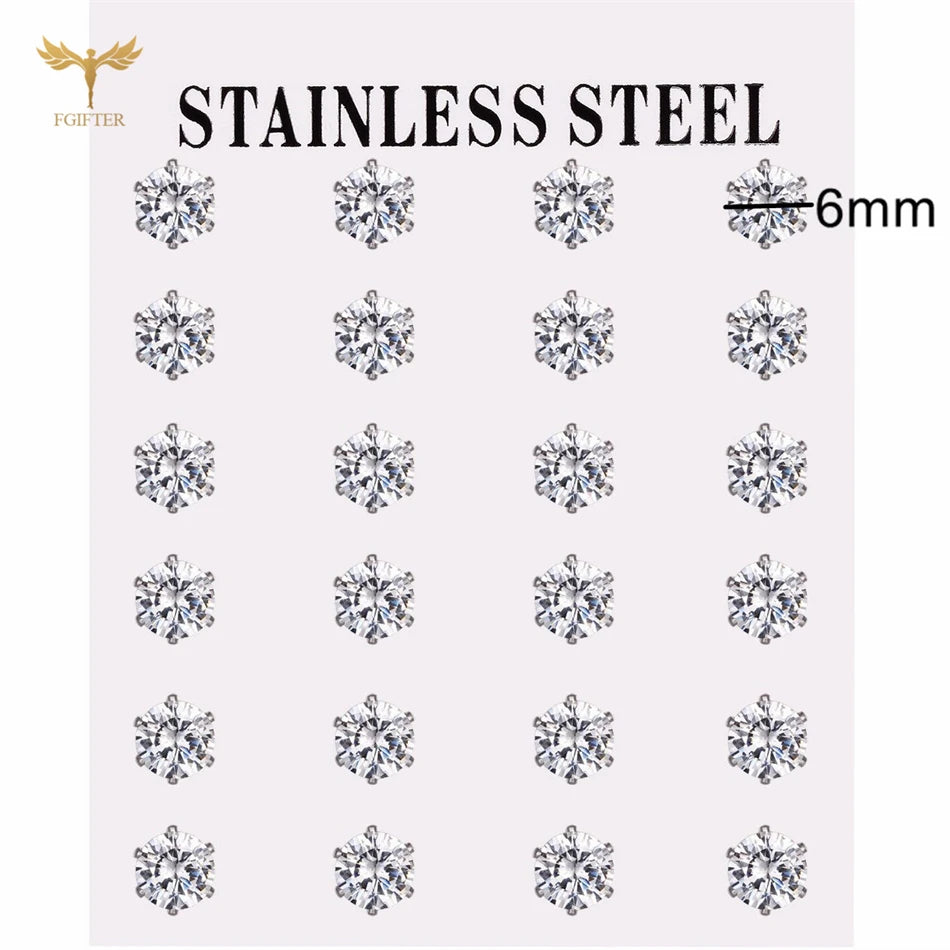 12-pair white crystal stud earrings set, 2–7mm round and square zircon designs with golden stainless steel posts