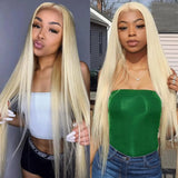 40 Inches 200% Density 13x6 13x4 HD Transparent Invisible Lace Frontal Wig Blonde Bone Straight #613 613 Blonde Human Hair Wigs Brazilian Hair Pre Plucked Pre Cut Lace Pre Bleached Knots Pre Styled For Women