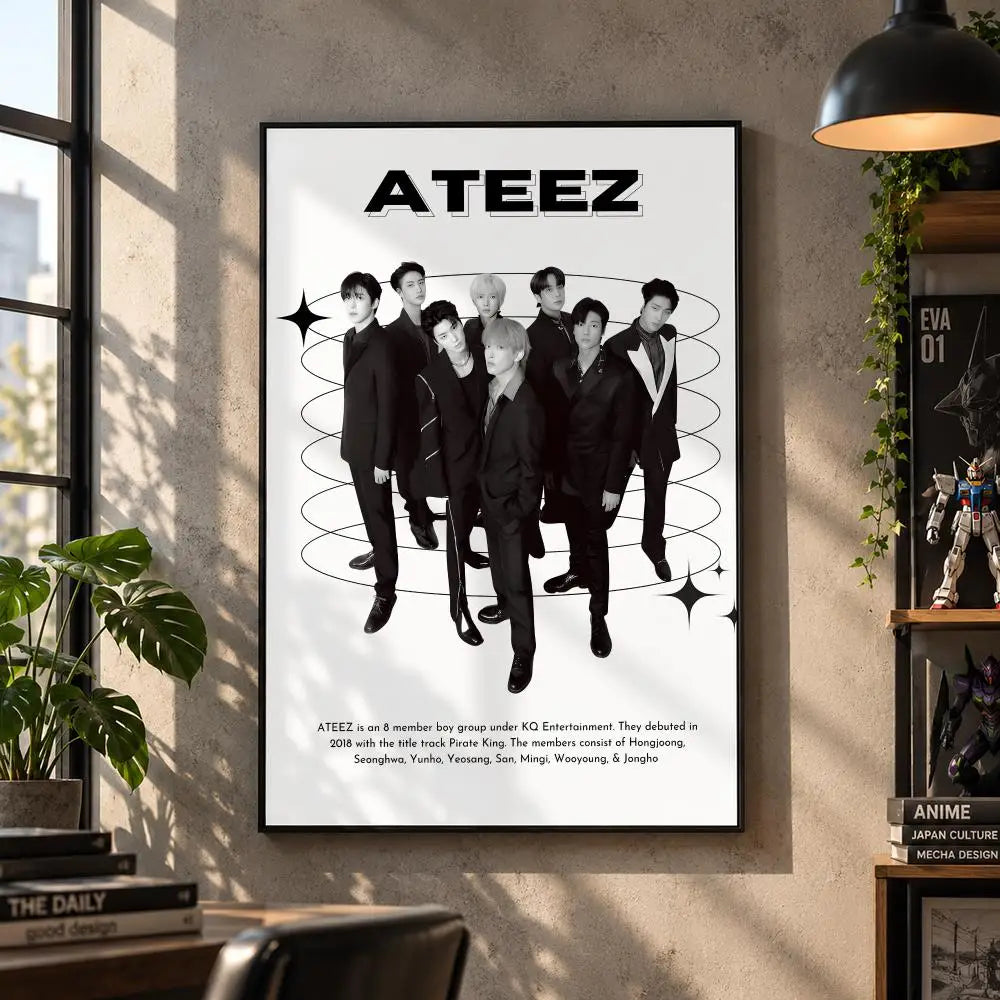 ATEEZ K-pop boy group poster for bedroom and living room decor, featuring group members in a stylish design