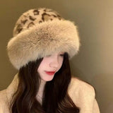 Women's leopard print faux fur fisherman hat, thick windproof winter headgear for warmth by HSF Marketplace
