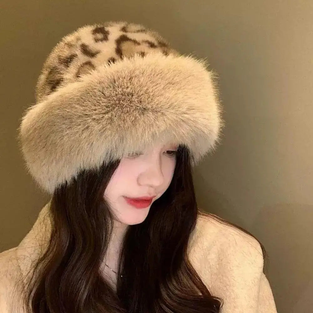 Women's leopard print faux fur fisherman hat, thick windproof winter headgear for warmth by HSF Marketplace