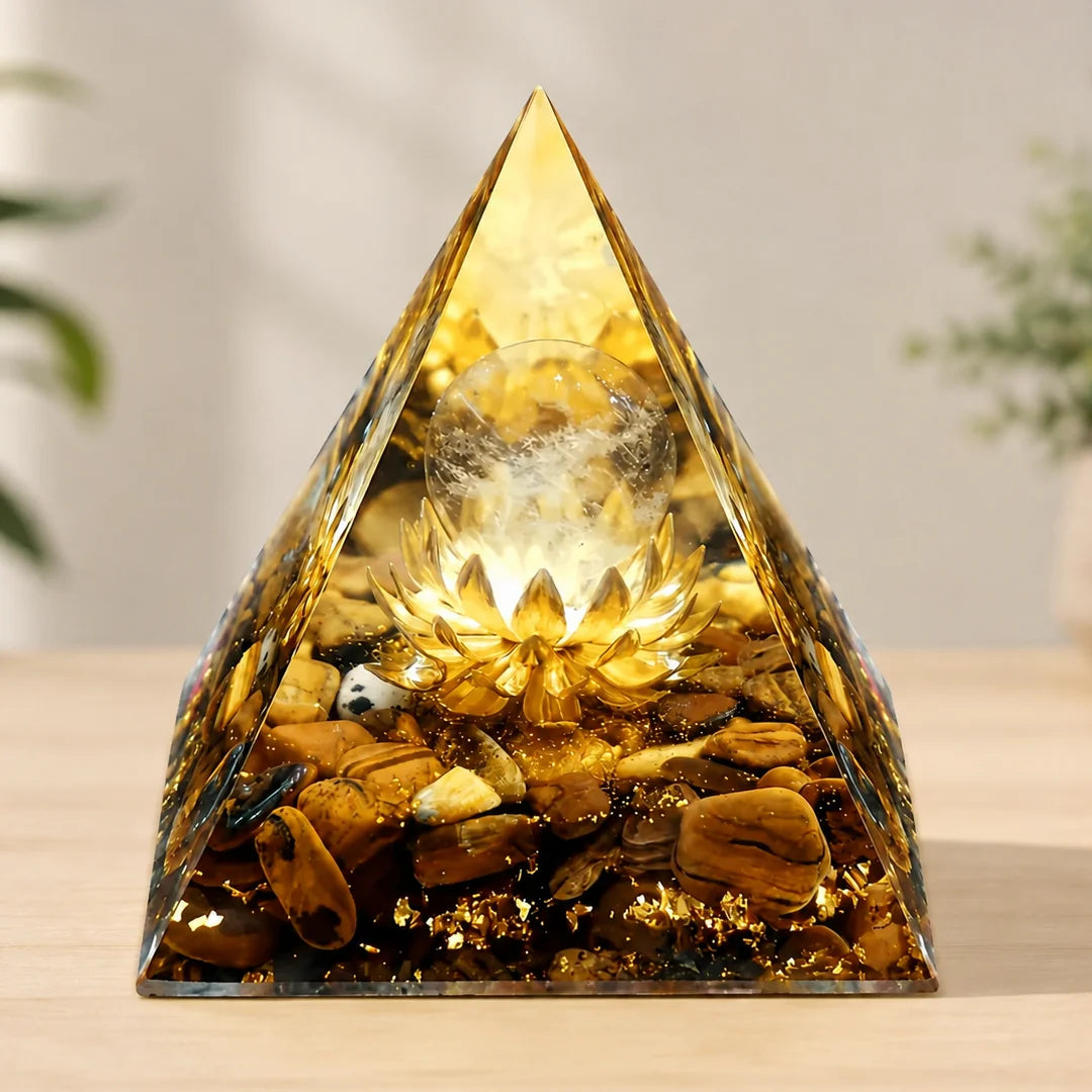 Orgonite Pyramid Tiger Eye Stone Golden Lotus Crystal Sphere Reiki Chakra Healing Meditation Home Desk Decor Resin Craft Gift