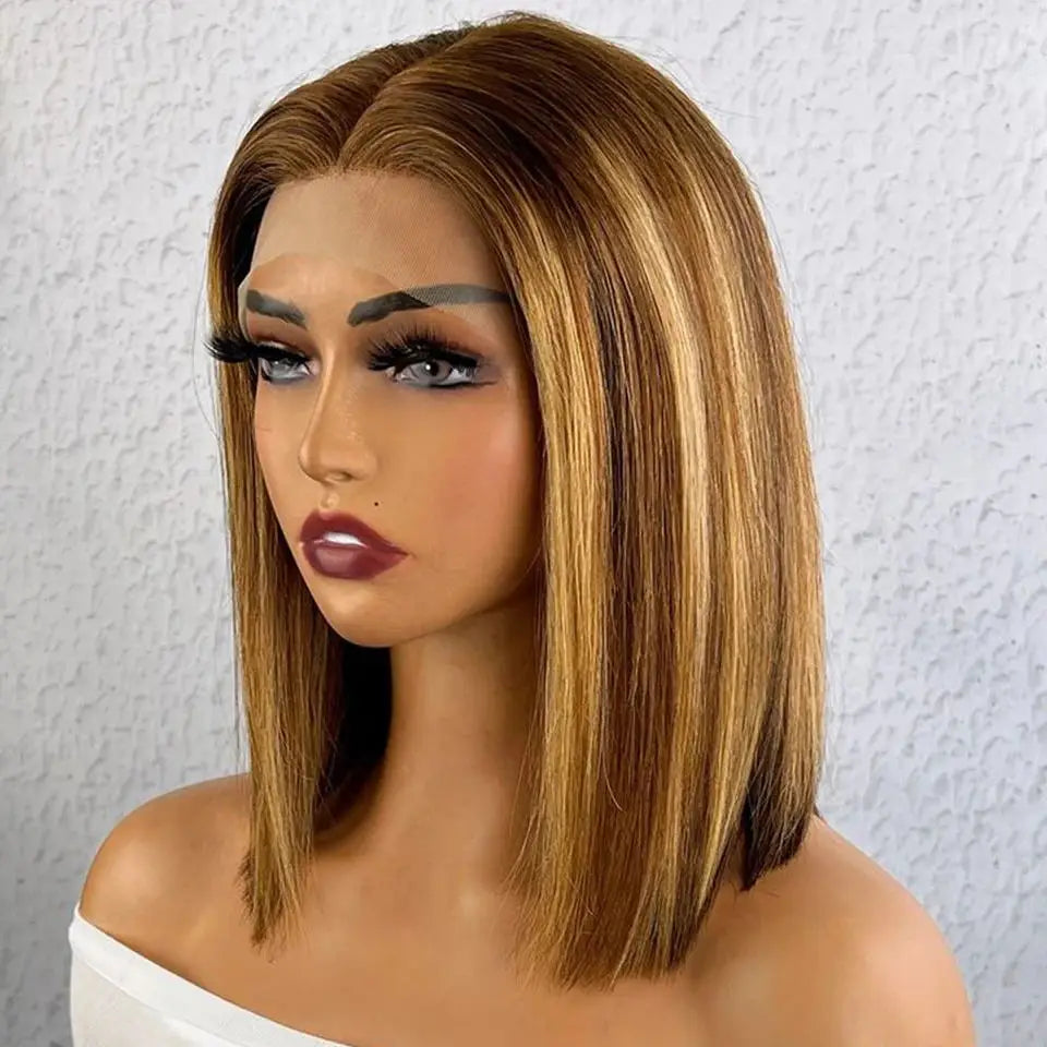 Rebecca Ombre Pink transparent short lace front wig with Peruvian straight human hair, pre-plucked, 13x5 lace for women.