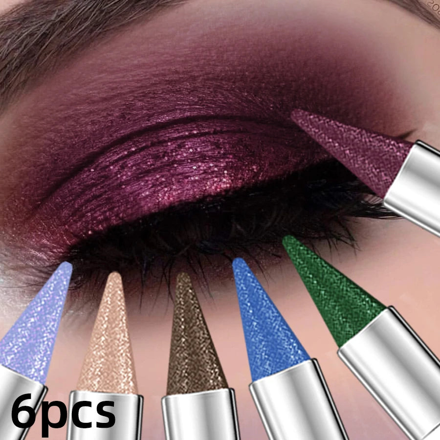 6-piece metallic brown and blue waterproof eyeshadow pen set with glitter and pearlescent shades for smoky eye makeup