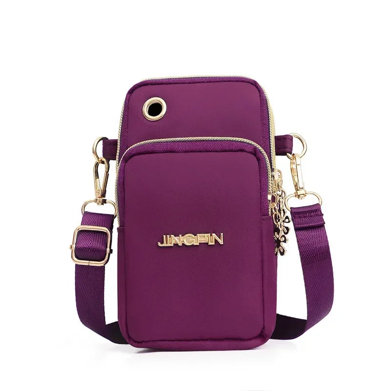 Women's HSF Marketplace mini crossbody phone bag with coin pocket, 3-layer wallet, and shoulder strap, ideal for running and daily use.