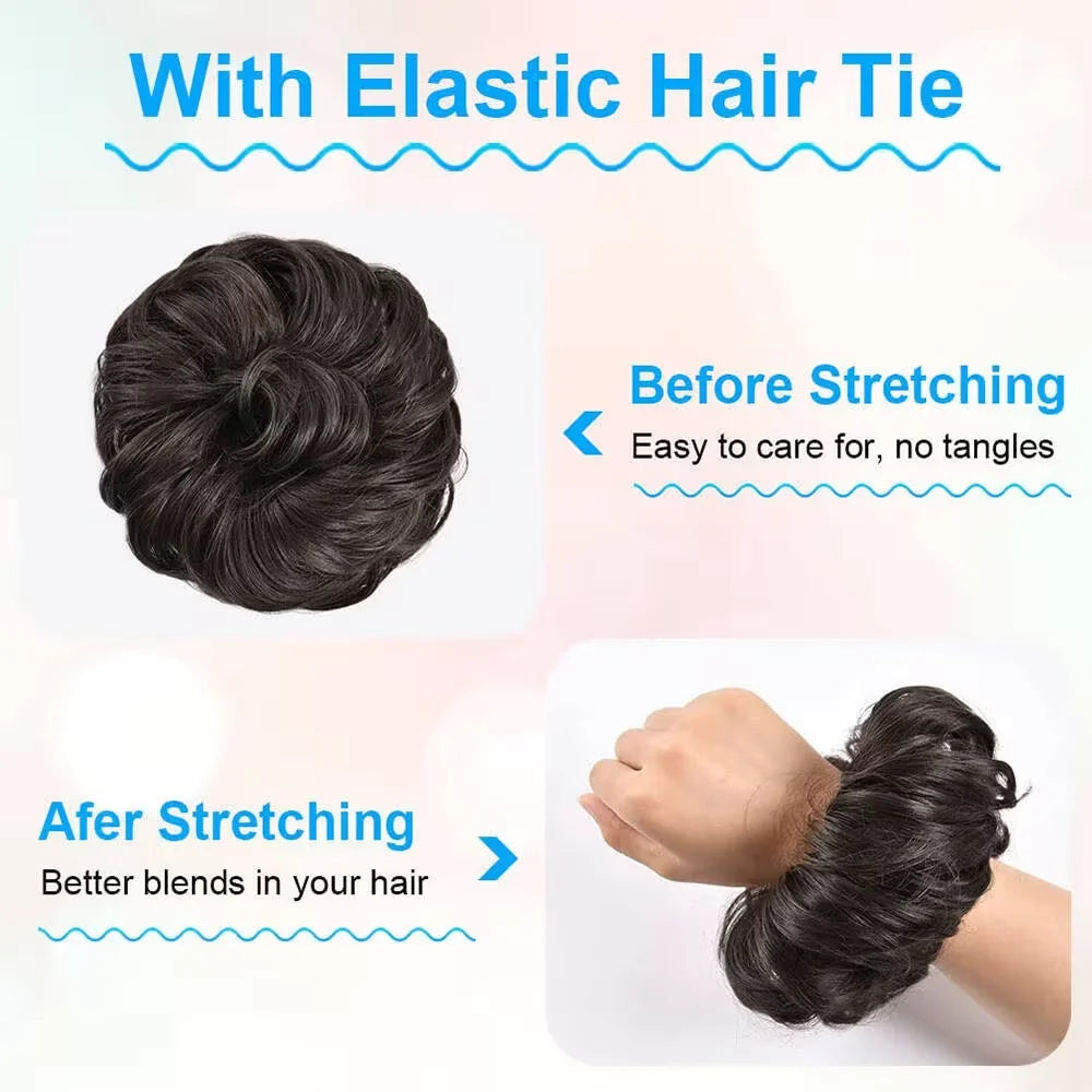Real human hair messy bun scrunchie curly wavy chignon ponytail updo extension for women