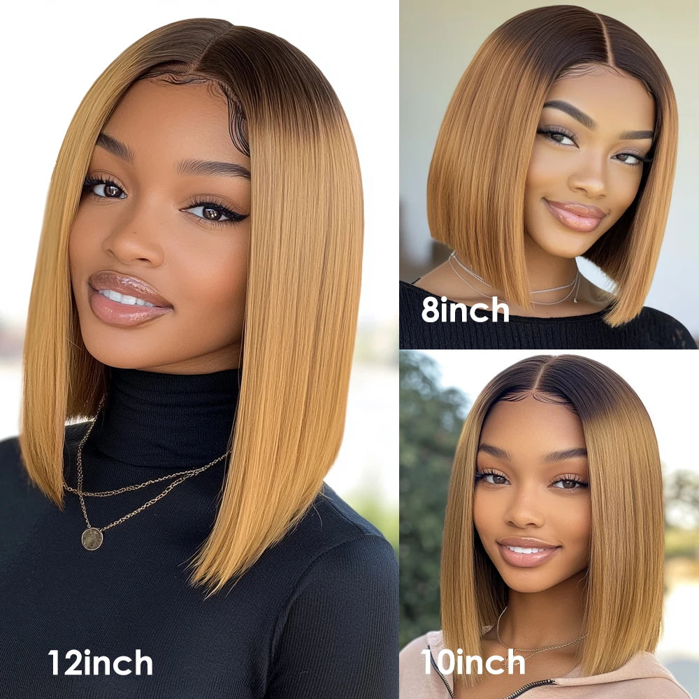 Rebecca Ombre Pink transparent short T lace bob wig by HSF Marketplace, featuring straight Peruvian human hair with a 13x5 lace front.