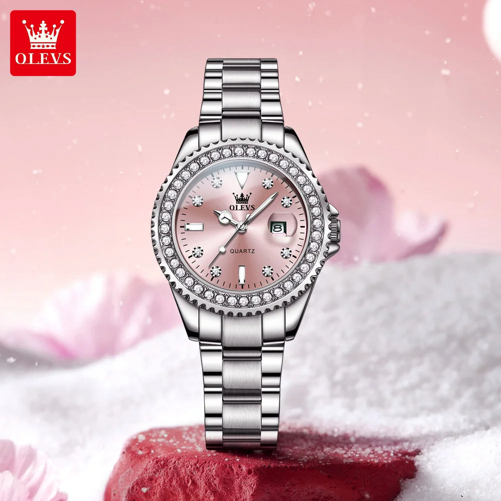 OLEVS 9945 Luxury Women Original Quartz Movement Watch Diamond Scale Stainless Steel Bracelet Luminous Function 30M Waterproof Watch