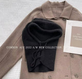 Women's knitted hooded balaclava hat with drawstring, one-piece neck collar, and Korean-style winter design