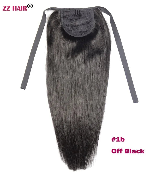 ZZHAIR Brazilian Remy human hair ribbon ponytail, 16–20 inch natural straight clip-in horsetail extension
