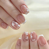 HSF Marketplace 24-piece short almond press-on nails with pink floral French tips, glossy full-cover design