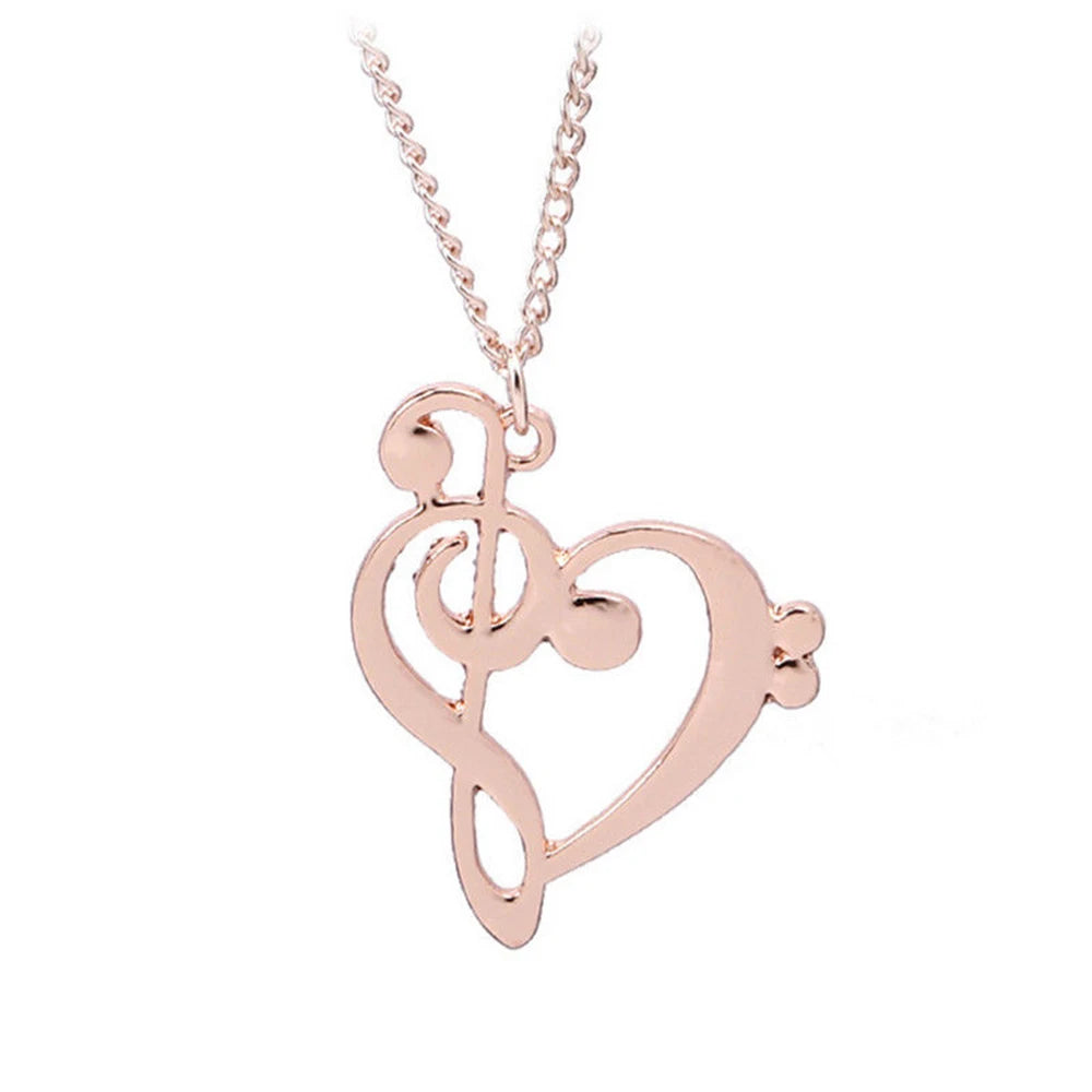 Silver music note heart necklace featuring treble and bass clef charms, infinity love pendant, stainless steel jewelry for women.