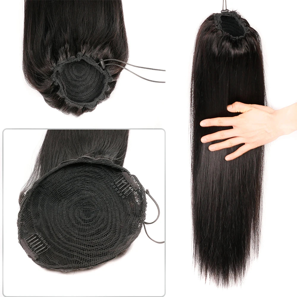 HSF Marketplace 150g black Brazilian Remy straight human hair drawstring ponytail extension with clips