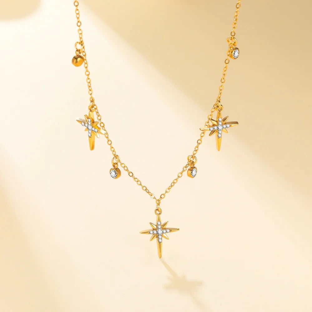 Gold stainless steel North Star pendant necklace for women with zircon accents, waterproof jewelry, adjustable chain, and star design.