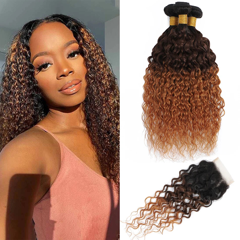 12A Ombre 1B 99J Brown Water Curly 3 Bundles With HD Lace Closure Colored Remy Malaysia Hair Wet And Wavy 3 Bundles With Closure