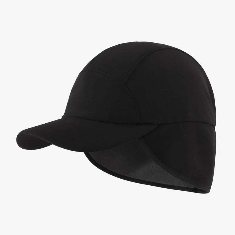 Women's winter baseball cap with ear flaps, adjustable ponytail opening, and fleece lining for outdoor sports