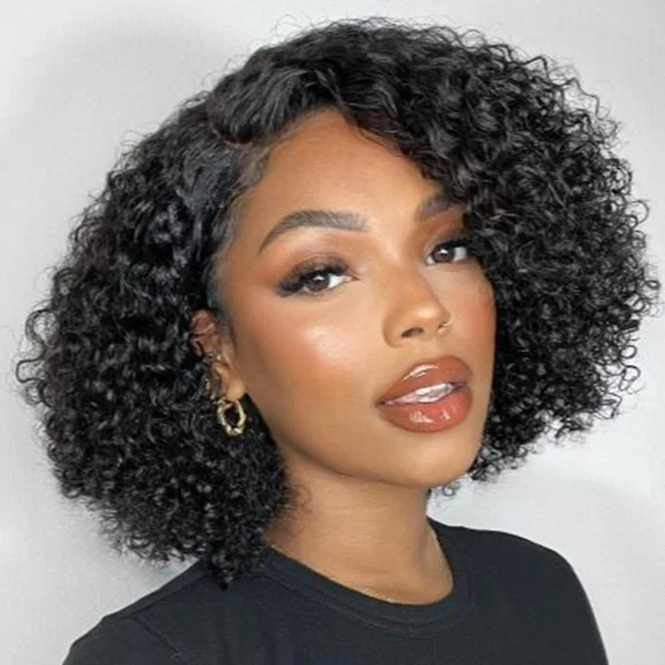 Rebecca short kinky curly bob wig by HSF Marketplace featuring 100% real Indian bodywave human hair with water wave lace style.