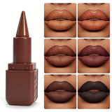 Dark chocolate matte lipstick and waterproof lip liner in black and brown shades, gothic makeup look with velvet finish.