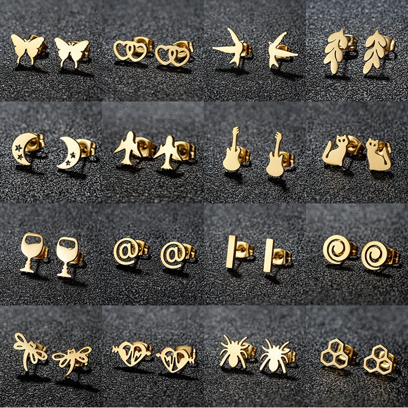 HSF Marketplace simple T bar animal stud earrings, featuring small dove, leaf, dragonfly, and spider designs