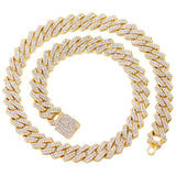 Gold Cuban link chain necklace with rhinestones, 16 to 24 inches, 2-row hip-hop jewelry for women and men.