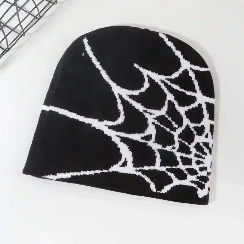 Women's HSF Marketplace knitting spider web skull beanie, pullover pile cap with Y2K goth design