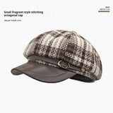 Women's plaid octagonal newsboy cap in vintage wool blend fabric by HSF Marketplace