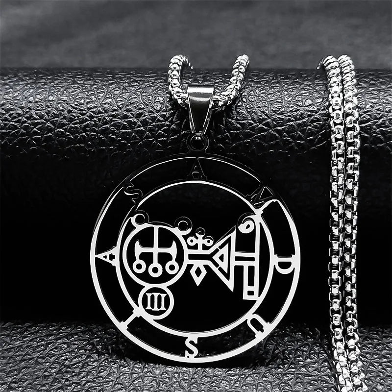 Stainless steel Satan necklace with Baphomet stamp and laser design, featuring a chain and religious sigil jewelry.
