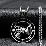 Stainless steel Satan necklace with Baphomet stamp and laser design, featuring a chain and religious sigil jewelry.
