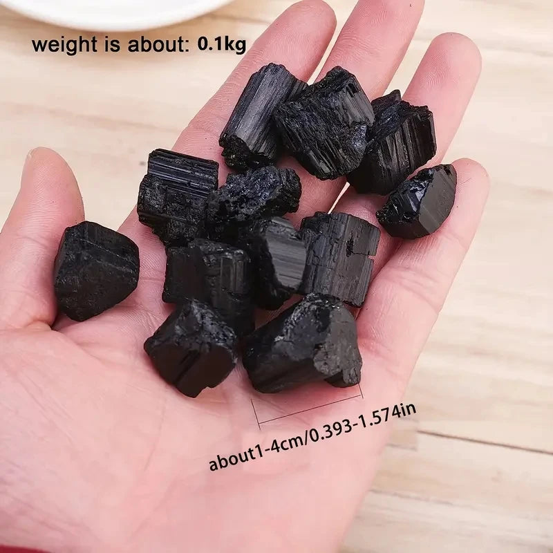 Natural black tourmaline crystal stones in raw ore form, irregular mineral specimens, 100g bag from HSF Marketplace.