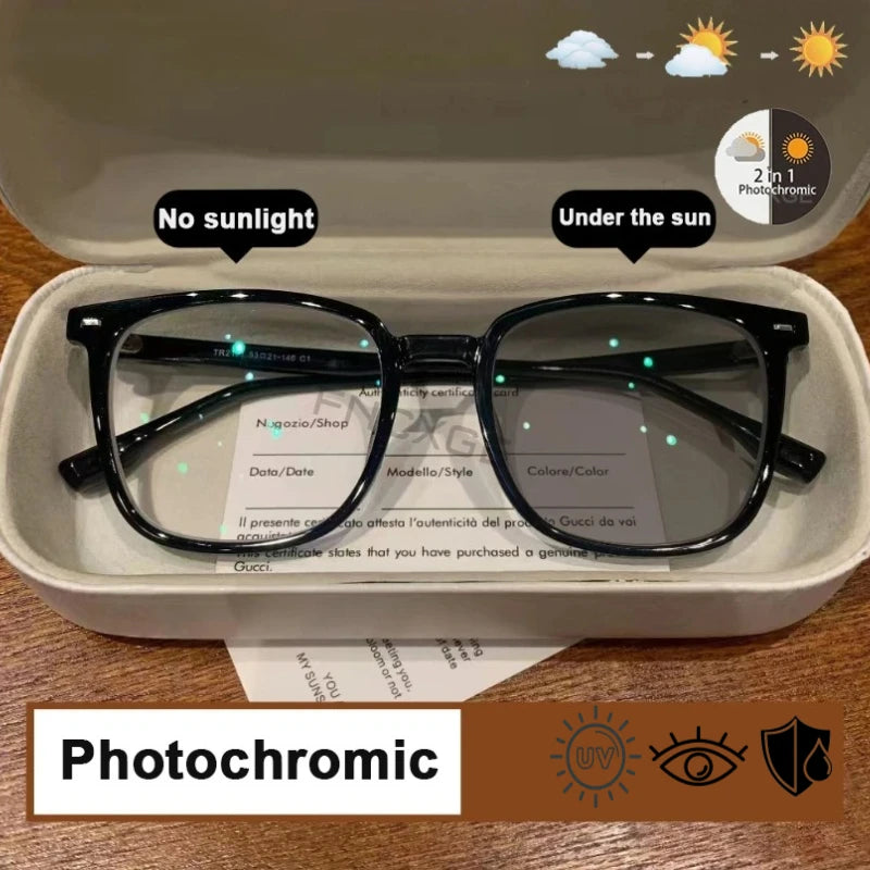 Ultra light square frame photochromic sunglasses with anti-radiation lenses for women and men, featuring replaceable lenses from HSF Marketplace.