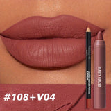 Set of two velvet lip liners and matte lipsticks in pink, brown, and red for natural, long-lasting waterproof lip makeup.