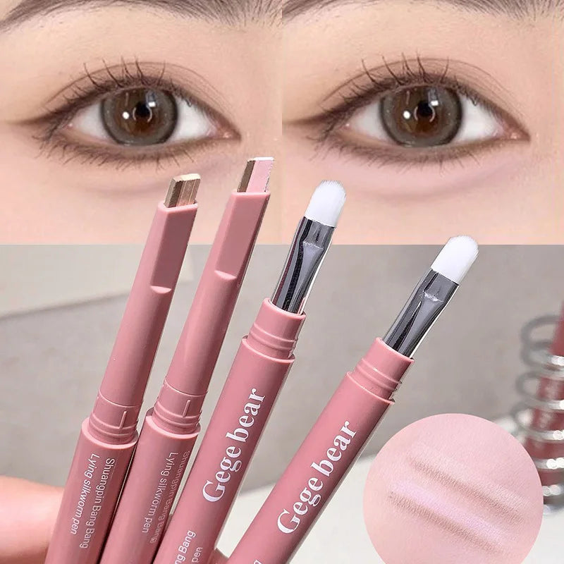 Double-ended lying silkworm pencil highlighter with detail brush for nude lower eyelid contour and aegyo-sal makeup