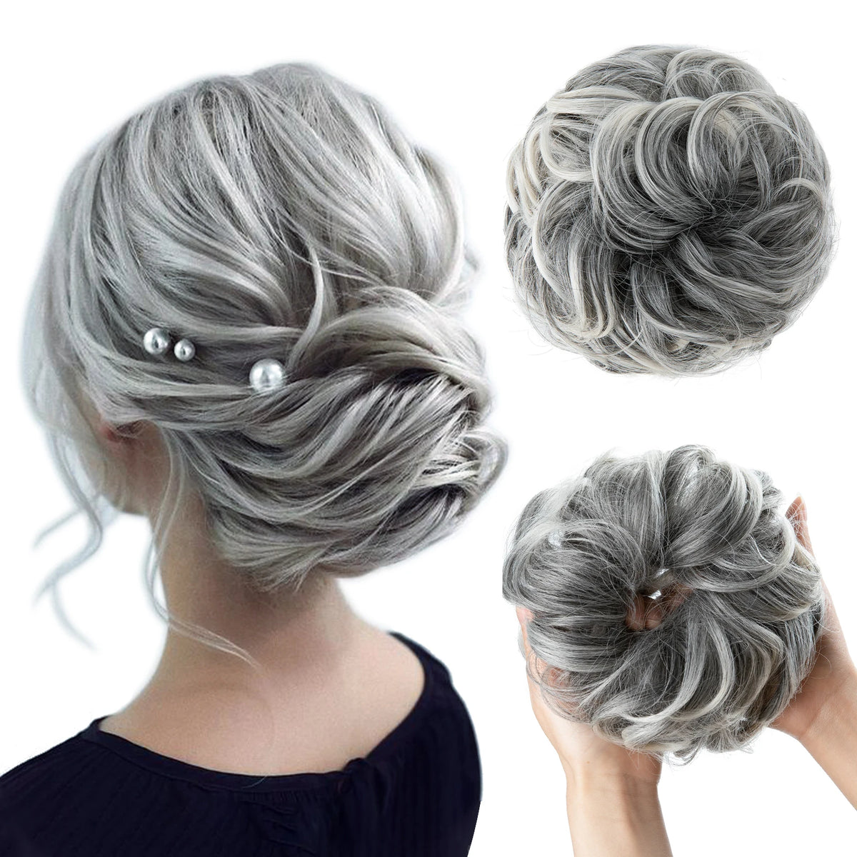 Synthetic curly hair bun extension with elastic scrunchie for a messy chignon updo, HSF Marketplace