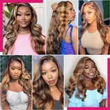 Honey blonde ombre human hair bundles with a 5x5 closure and body wave texture from HSF Marketplace, showcasing natural color and style.