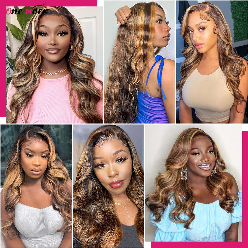 Honey blonde ombre human hair bundles with a 5x5 closure and body wave texture from HSF Marketplace, showcasing natural color and style.