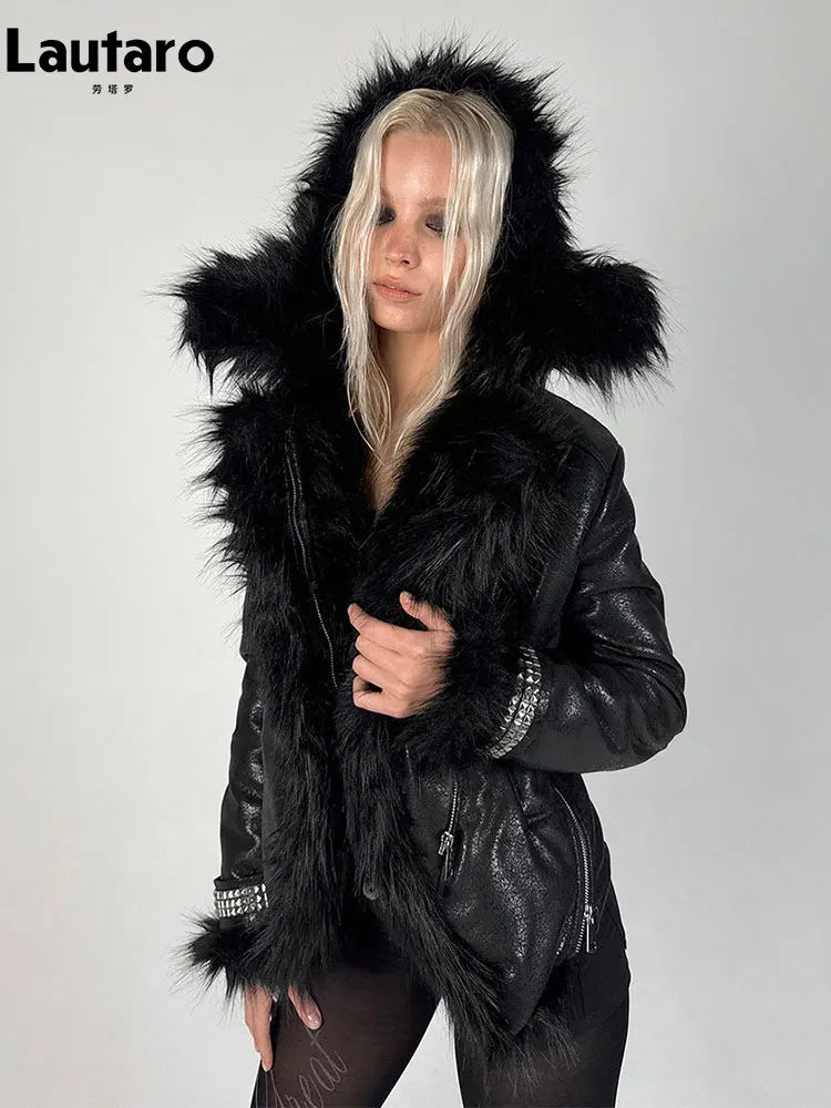 Lautaro women’s black shaggy faux sheepskin coat, thick soft fluffy winter jacket with long sleeves
