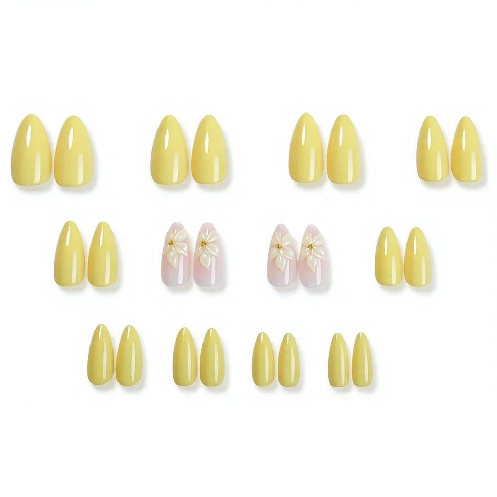HSF Marketplace almond-shaped yellow French press-on false nails with 3D flower design, 24-piece set
